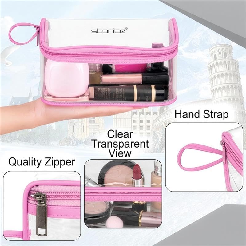 Image of Storite Set of 4 PVC Travel Pouch Multipurpose Waterproof Cosmetic & Toiletry Bags with Zipper for Makeup, Stationery & Accessories - Transparent Pink