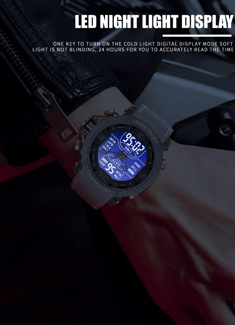 Gosasa Montre de sport analogique et numérique pour homme avec rétroéclairage LED, chronomètre, alarme, calendrier, heure 12/24 h, étanche jusqu'à 50 m, bracelet en silicone