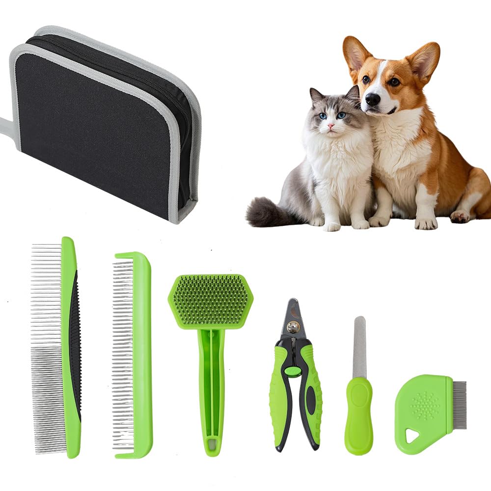Kit Toilettage 6 en 1 Chat Chien - Brosses Démêlantes Poils Longs et Courts - Coupe-Griffes & Lime Acier Inoxydable - Sac de Rangement Inclus