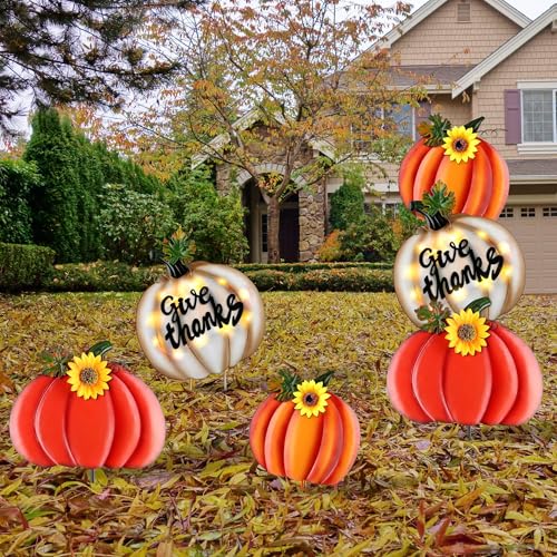 Fovths 39 Inches 3 Pieces Thanksgiving Metal Outdoor Fall Decorations, Giant LED Pumpkin Garden Lawn Patio Yard Signs, Metal Fall Waterproof Yard Sign for Home Thanksgiving Harvest Driveway Decor