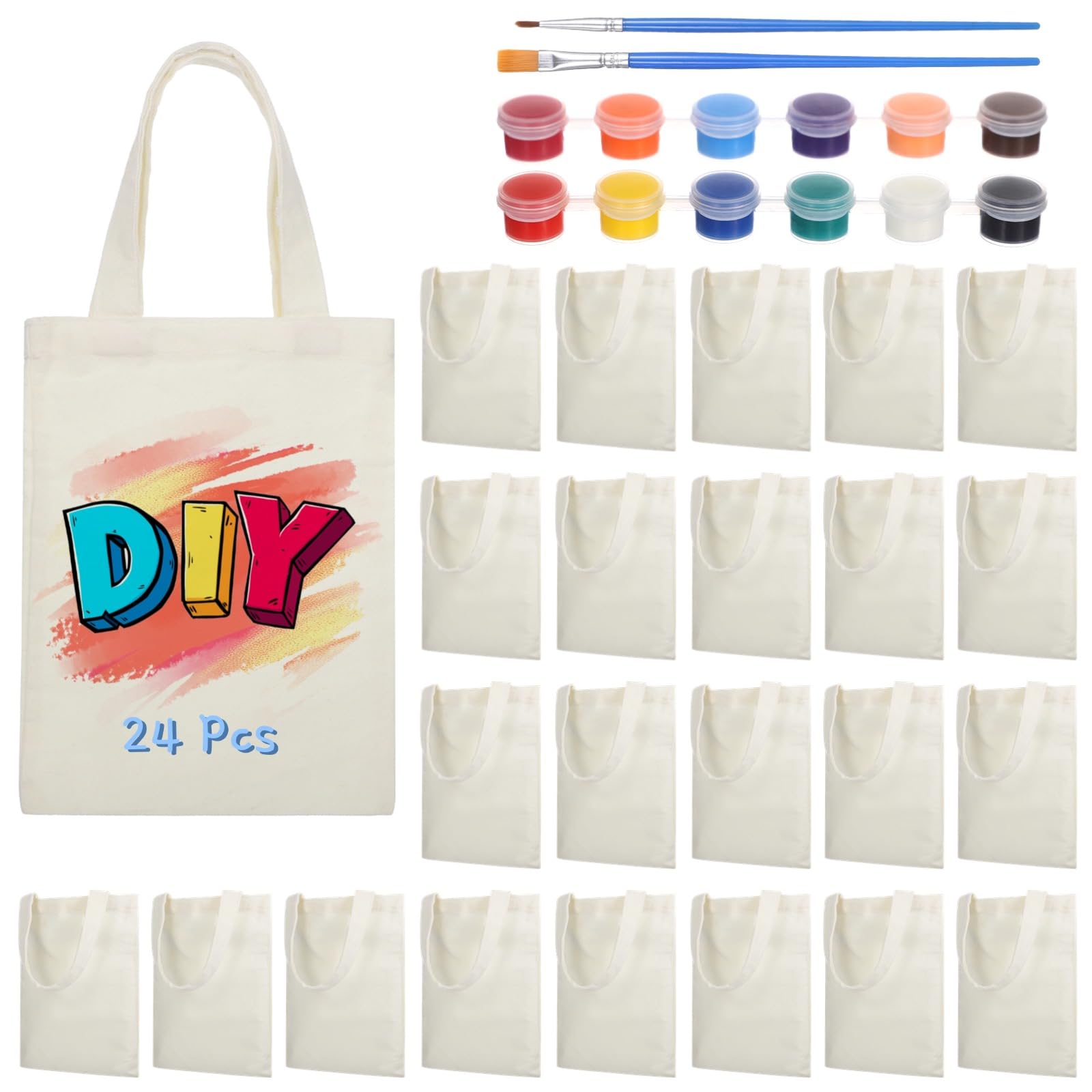 Sacs cabas mini en toile, lot de 24, sacs canvas vierges pour DIY, sacs à main réutilisables, sacs de courses, avec set de peinture acrylique 12 couleurs, petits sacs cadeaux pour loisirs créatifs