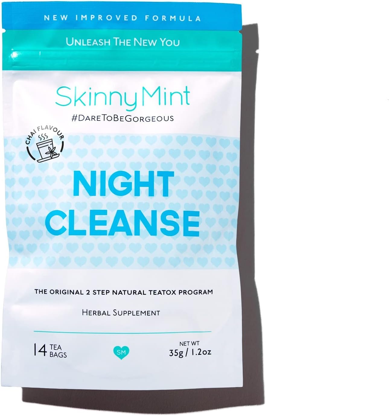 SkinnyMint Night Cleanse Teatox. All-Natural and Compelling Detox Tea. Helps Alleviate Bloating and Restore Digestive Balance. Supports Relaxation.