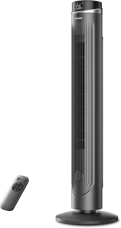 Ventilador de torre de 42 pulgadas para dormitorio, ventilador de pie con oscilación de 90°, 28 pies/s, 5 velocidades y 4 modos, modo ecológico, temporizador de 12 h, silencioso de 23 dB, control remoto, fácil montaje, pantalla LED