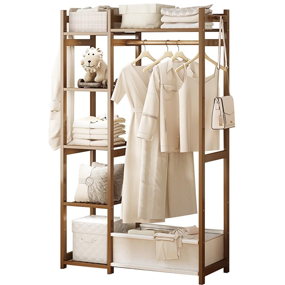 POLGDW Bamboo Coat Rack with 5 Shelves Freestanding Brown nizer Holds Up to 100kg Perfect for Coats Shoes & Accessories Storage.