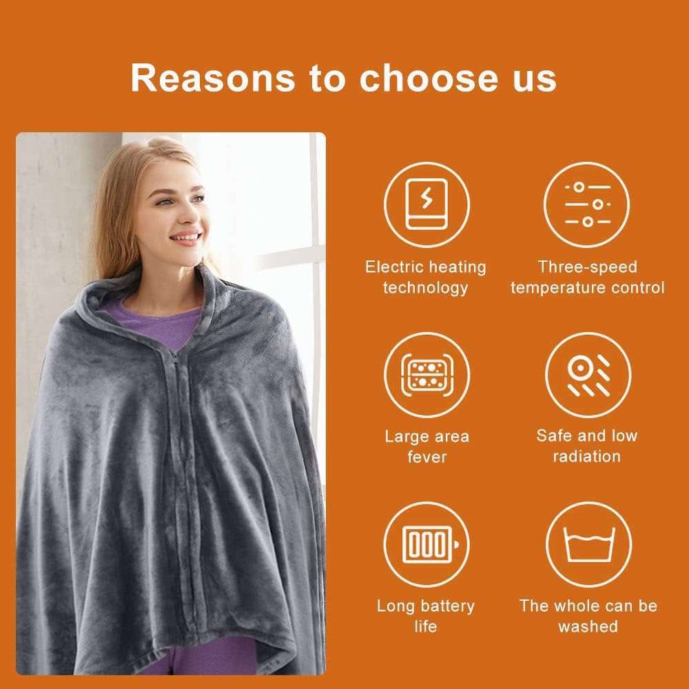 review Portable Heated Blanket, USB Operated 3 Heating Levels Electric Heated Shawl,Machine Washable Electric Blanket Rechargeable Heating Electric Throws for Camping, Outdoors and Travel /Oversized.
