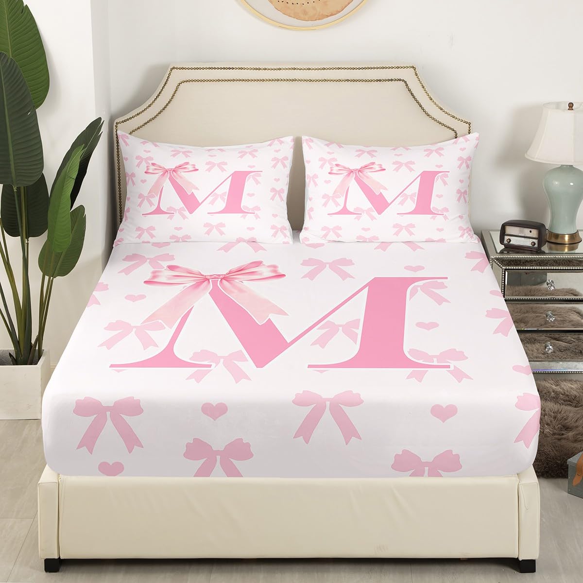 Pink Bow Fitted Sheet,Initial Letter M Chic Romantic Soft Decorative Fabric Bedding Princess Style Bowknot Love Hearts Girly Fairy Pocket Single Size with 1 Pillowcase - Image 3