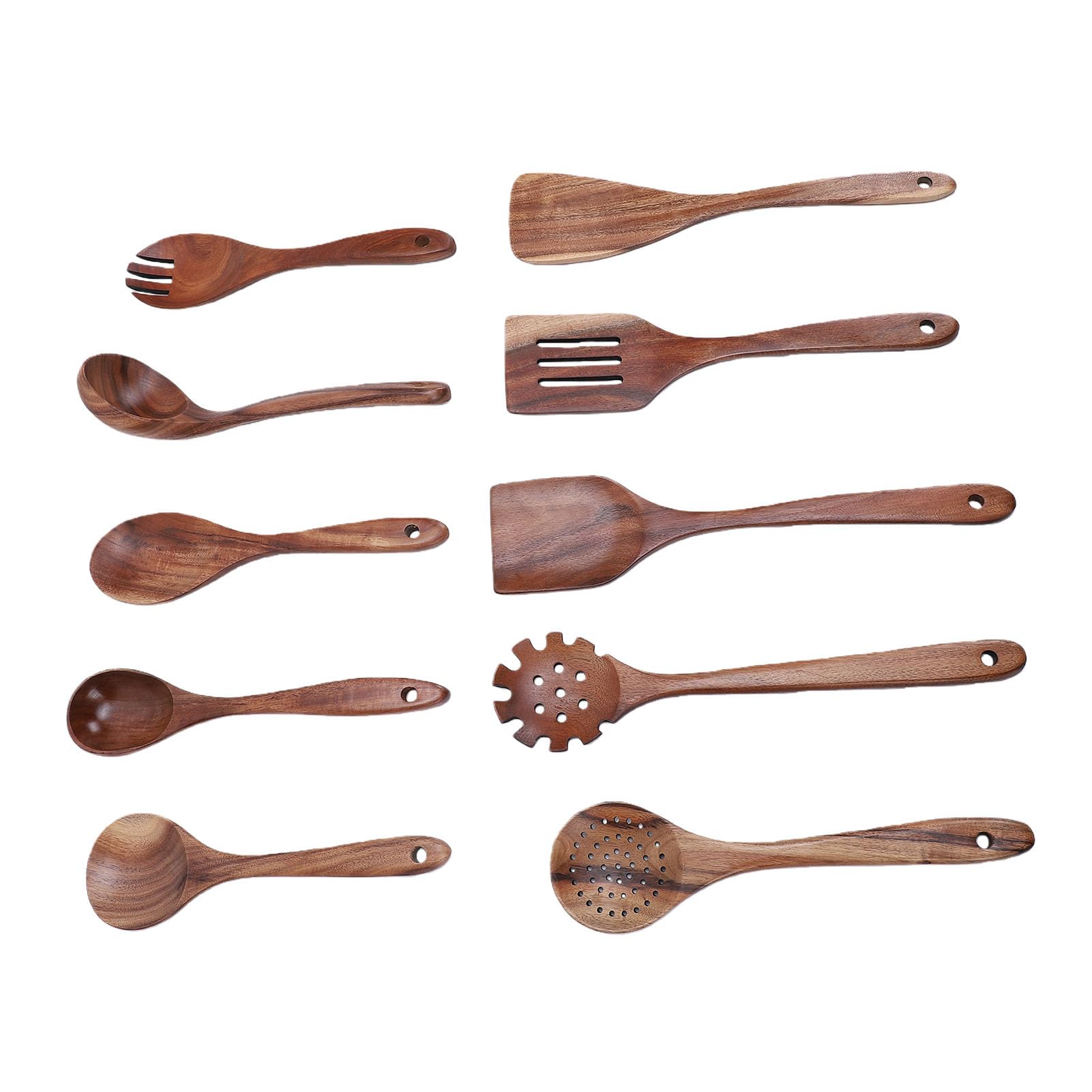 Fdit Juego de Utensilios de Madera de Teca para Cocinar, Espátulas, Cucharas y Utensilios de Cocina de Madera con Mangos Ergonómicos, Fácil de Limpiar para Uso Diario
