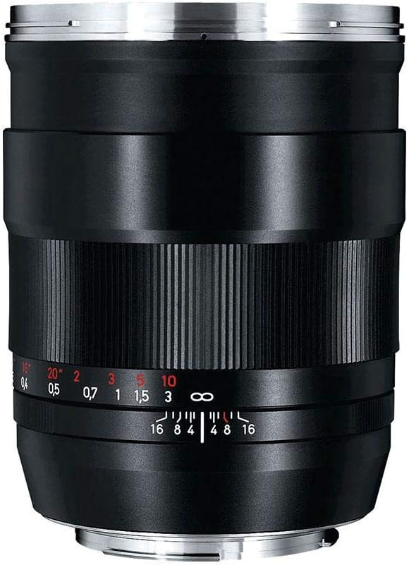 Dèyè view nan ZEISS Dis latagsou yon lantiy 35MM F/1.4 ZE ki montre montur Canon EF la ak yon pwen aliyman wouj.