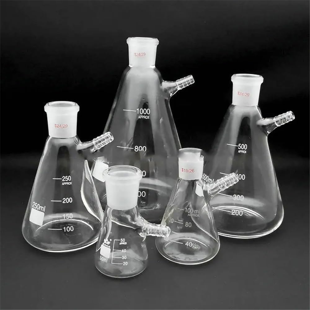 Cristalería de Laboratorio Matraz cónico de vidrio con succión, de boca esmerilada, de 250 ml a 2000 ml, 1 unidad.(2000ml caliber 24mm)