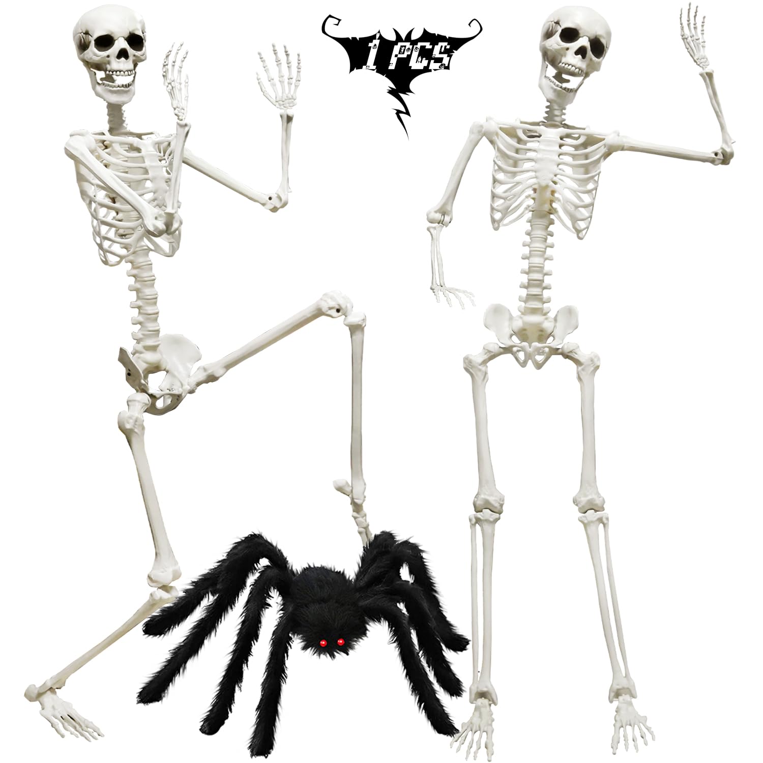 CAMIRUS 5.4ft/165cm Halloween Skeleton, Life Size Skeleton with Hairy Spider Pumpkin Bag, Full Body Human Bones with Movable Joints for Halloween Indoor Outdoor Haunted House Decorations