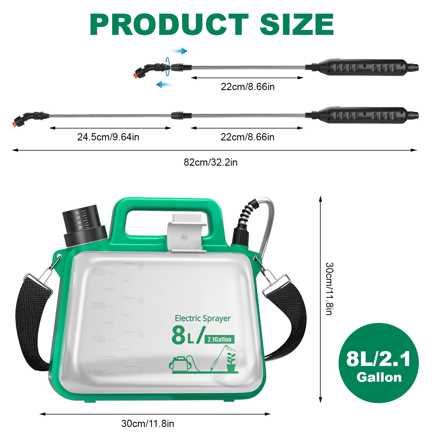 Pulverisateur Electrique 8L, Pulverisateur de Jardin avec 4 Embouts, Tige Télescopique et Bandoulière Réglable, Batterie 2500 mAh Rechargeable par USB pour Nettoyer Arrosage