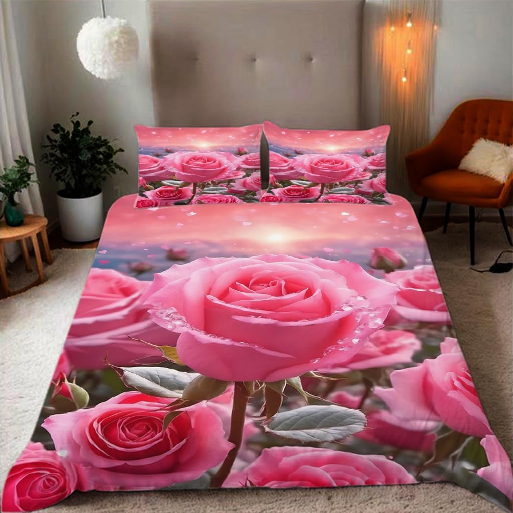 Housse de couette 140x200 roses en microfibre anti-plis avec taies
