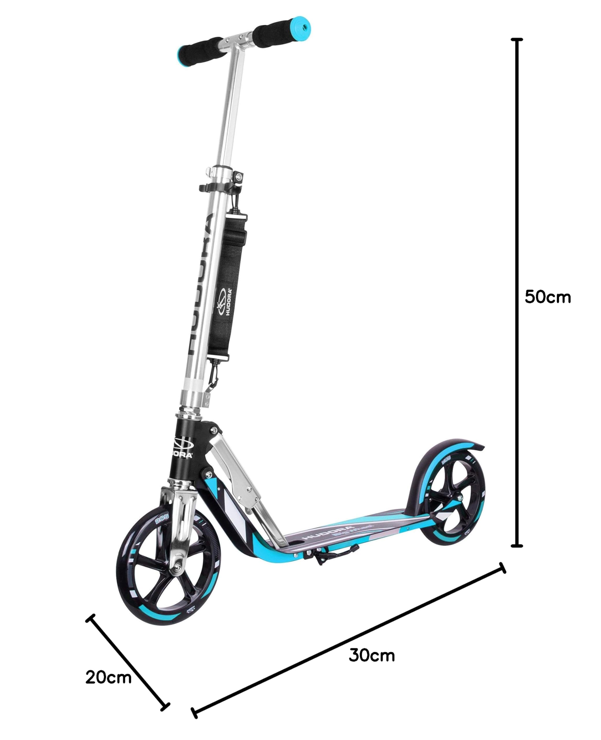 HUDORA Monopattino BigWheel 205 - Monopattino in alluminio resistente - Monopattino pieghevole regolabile con cavalletto - Monopattino sportivo per bambini e adulti fino a 100 kg - nero/blu