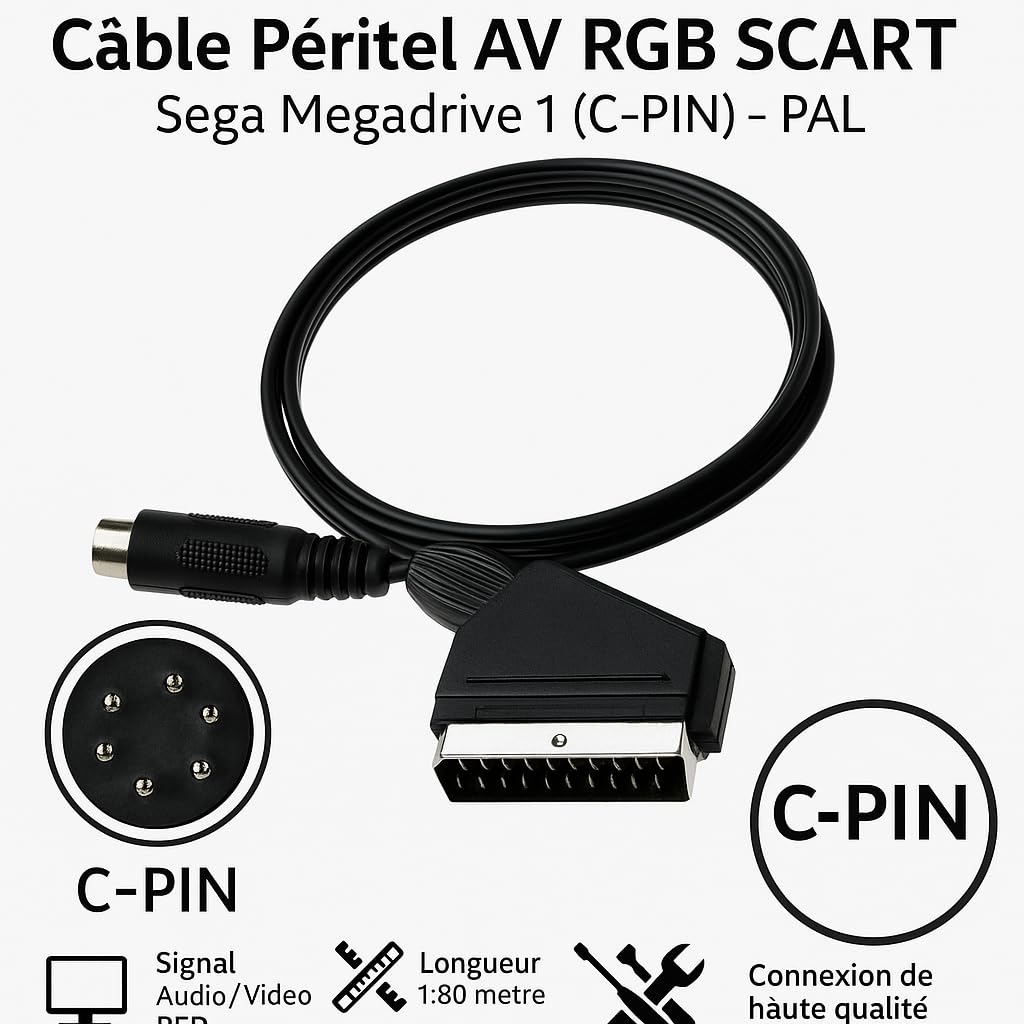 Câble Péritel AV RGB SCART pour Sega Megadrive 1 version C-Pin – Compatible Genesis JAP/US – Haute Qualité Audio/Vidéo – 1,8 m