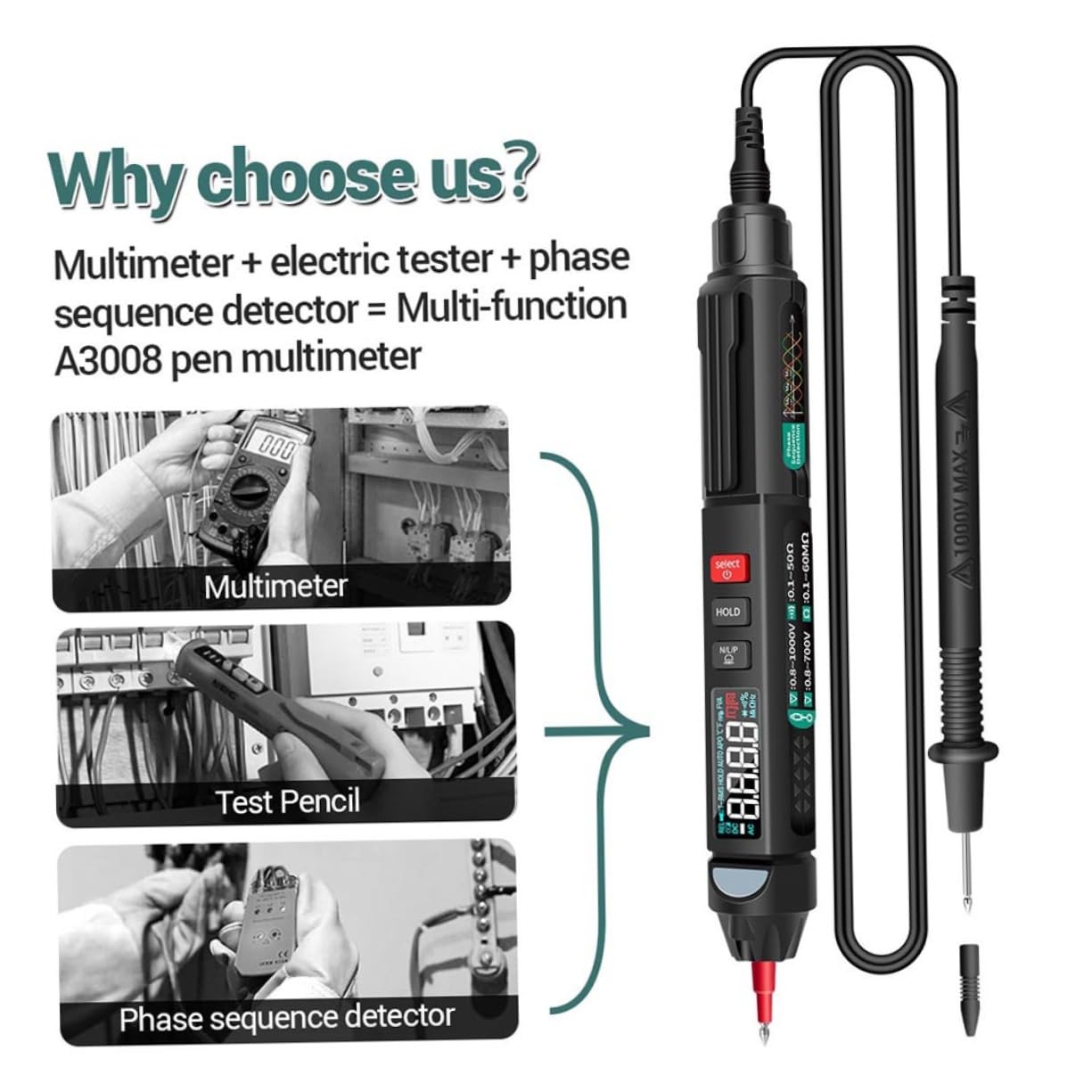 Multimetro Digitale Smart A3008 Penna Tester Elettrico Nero