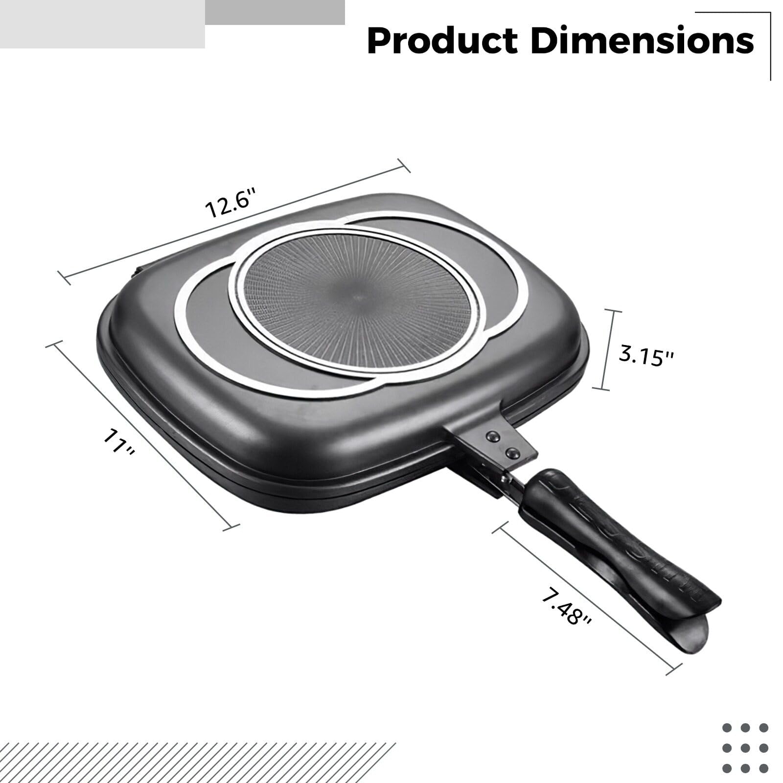 Sartén para suministros de cocina, cómodo mango de aluminio resistente a la corrosión, portátil y ligero, doble cara e ideal de 12.6 x 11 x 2.8 pulgadas para varios alimentos cocinar, freír