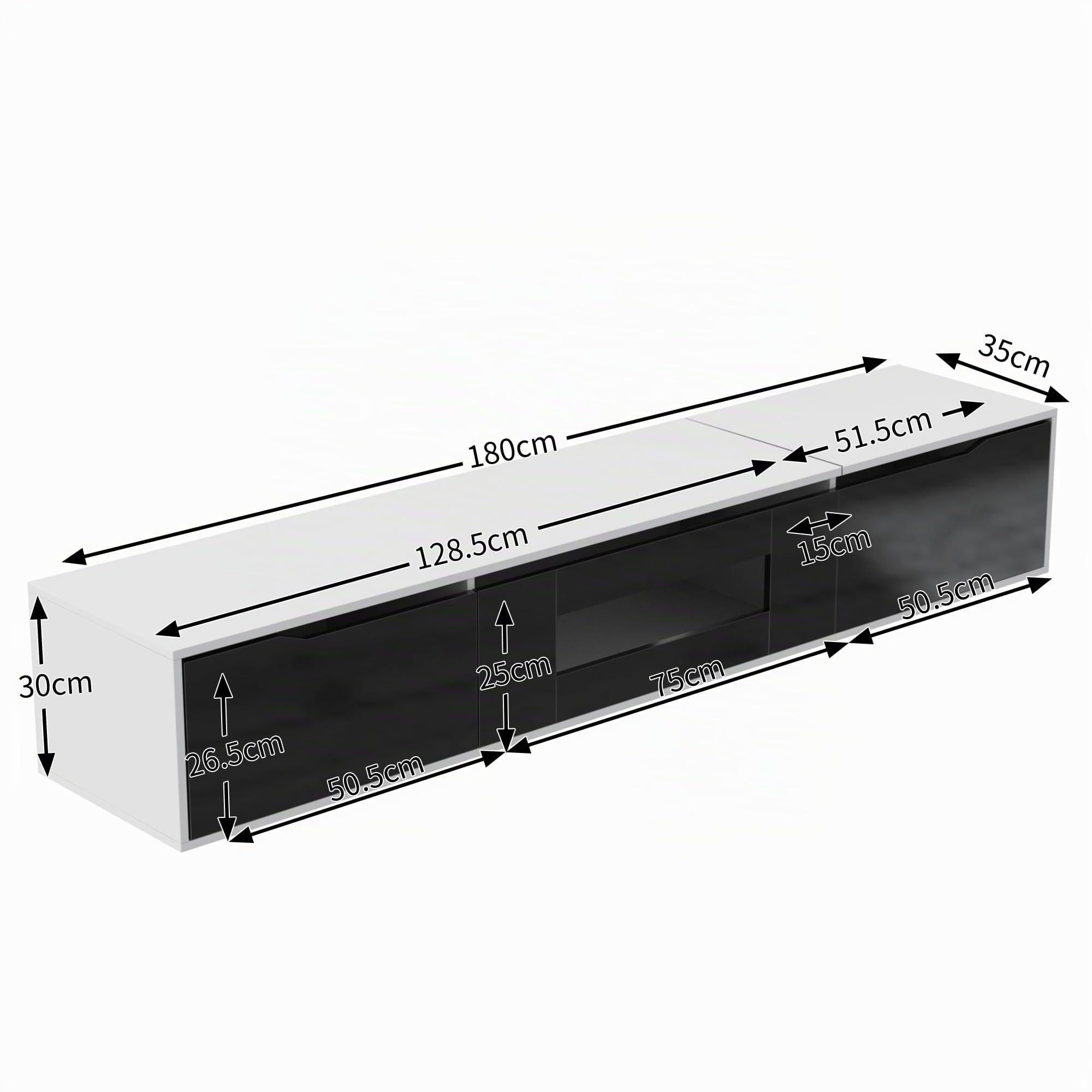 Merax Meuble TV LED Mural 180 cm, Meuble télé Suspendu Brillant Noir et Blanc avec éclairage 16 Couleurs, 4 Modes de lumière, Design Moderne, Portes rainurées, Fixation Murale