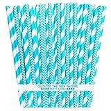 Outside the Box Papers Stripe and Chevron Paper Straws 7.75 Inches 100 Pack Aqua Blue, White
