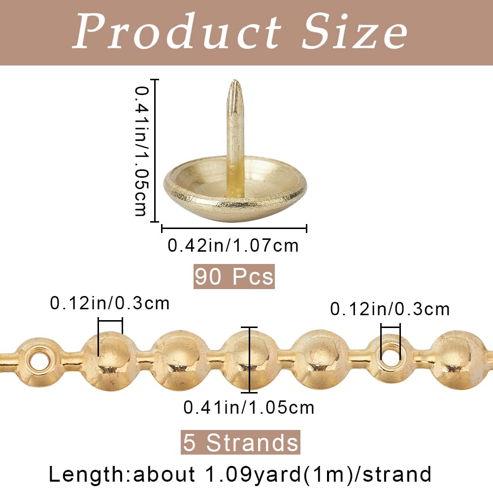 GORGECRAFT 5pz*1m Tiras de Tachuelas para Tapicería 10.5mm Cabeza Redonda de Hierro Metálico Adornos Decorativos Brillantes con 90 Piezas de Clavos para Tapicería Tachuelas Sueltas Combinadas Dorado