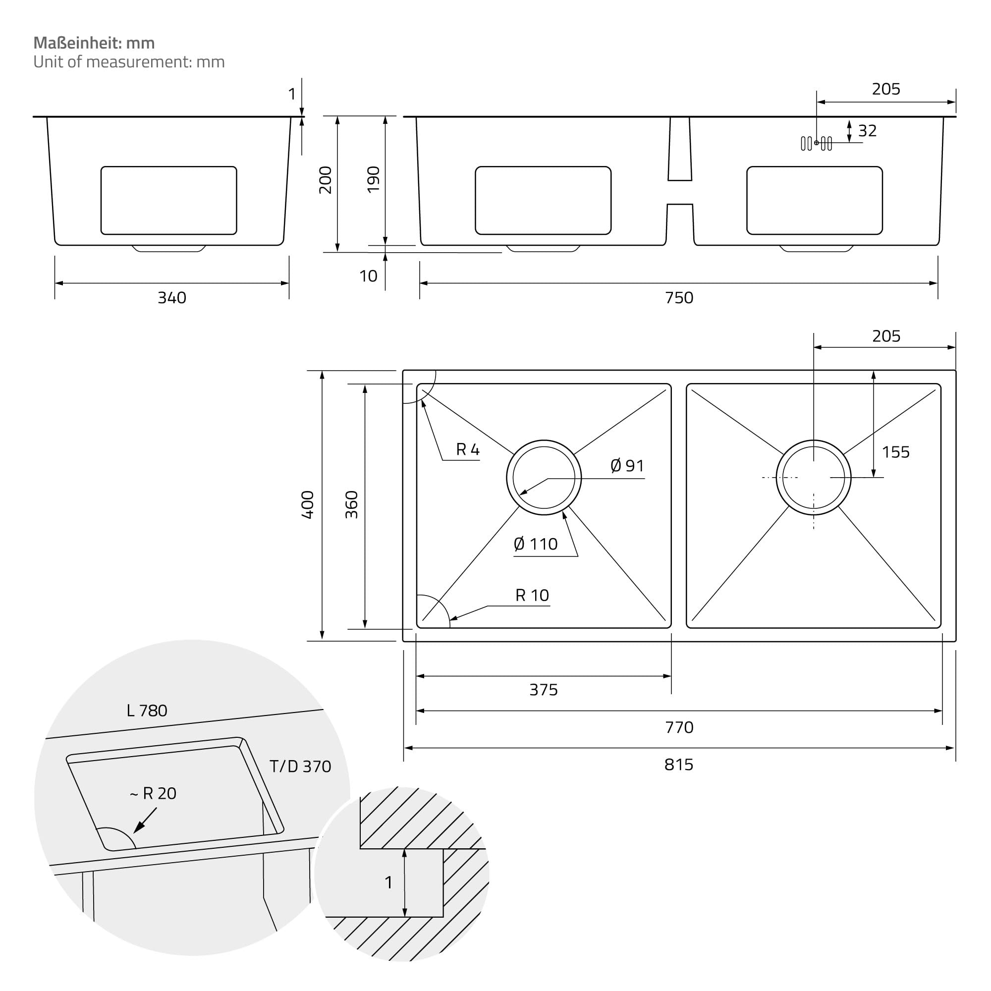 ML-Design Fregadero de Cocina Doble 81,5 x 40 cm de Acero Inoxidable Antracita Lavabo con 2 Cubetas y Sifón Rectangular Bajo Encimera con Juego de Desagüe y Rebosadero Resisten a la Corrosión