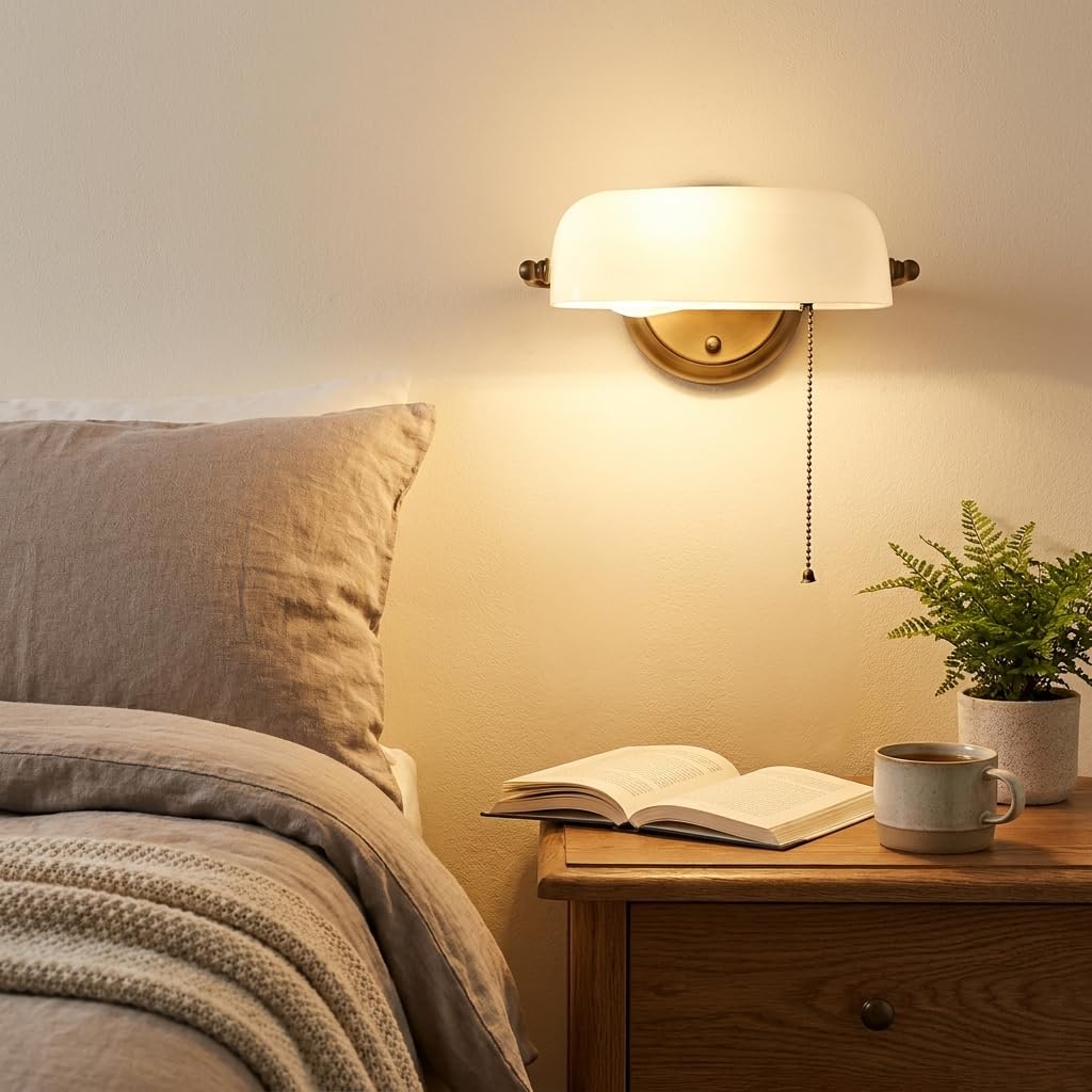 Applique da Parete Vintage “BANQUERO” con Paralume in Vetro Bianco, Base in Ottone Anticato, Paralume Orientabile, Interruttore a Catenella – Compatibile con Lampadina LED E27