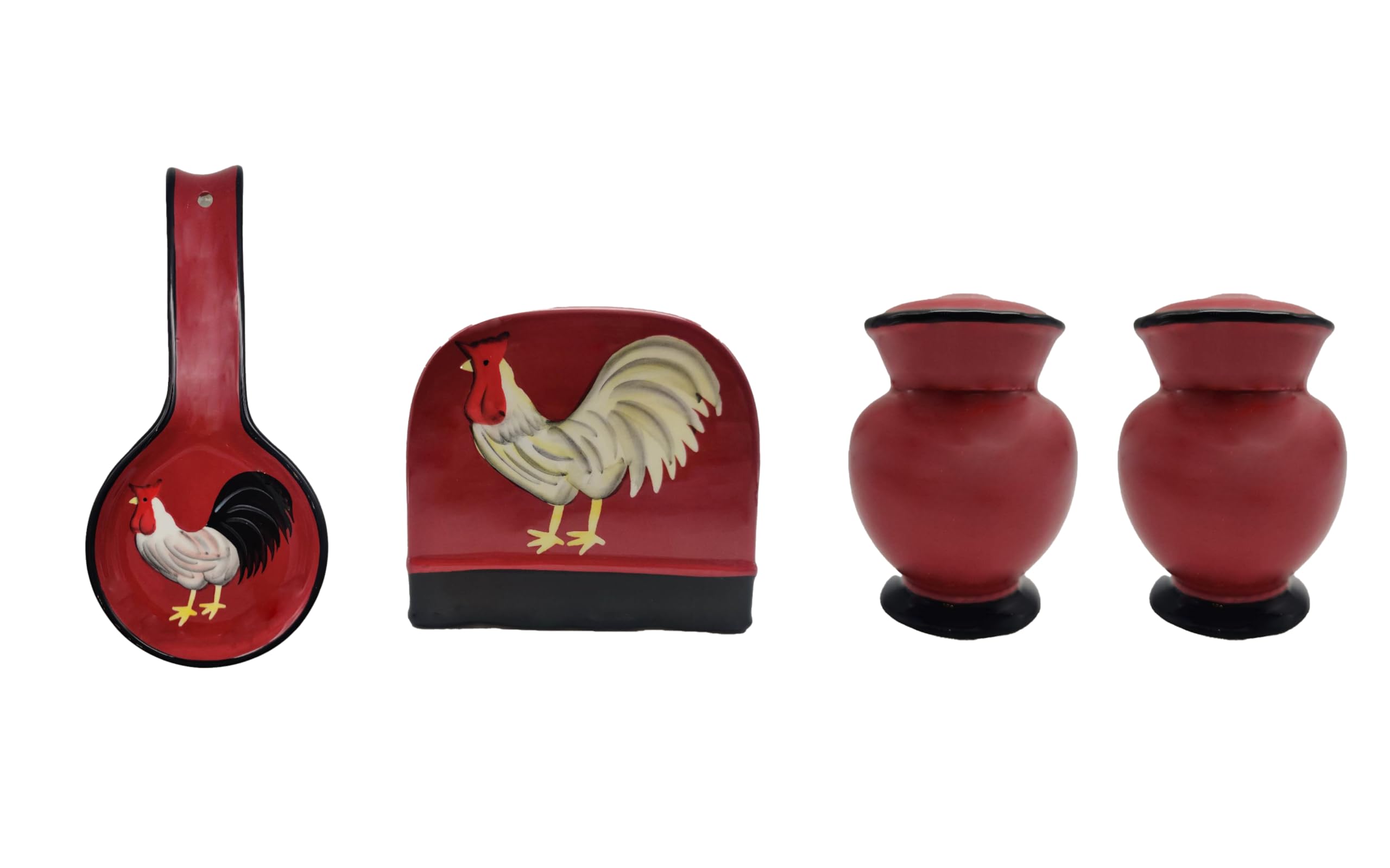 ACK Ceramic Tuscany Roamer Rooster Hand Painted Ceramic 4PCs Stove/Table Top Set, Pepper and Salt Shakers, Napkin Holder and Spoon Rest, Kitchen Décor