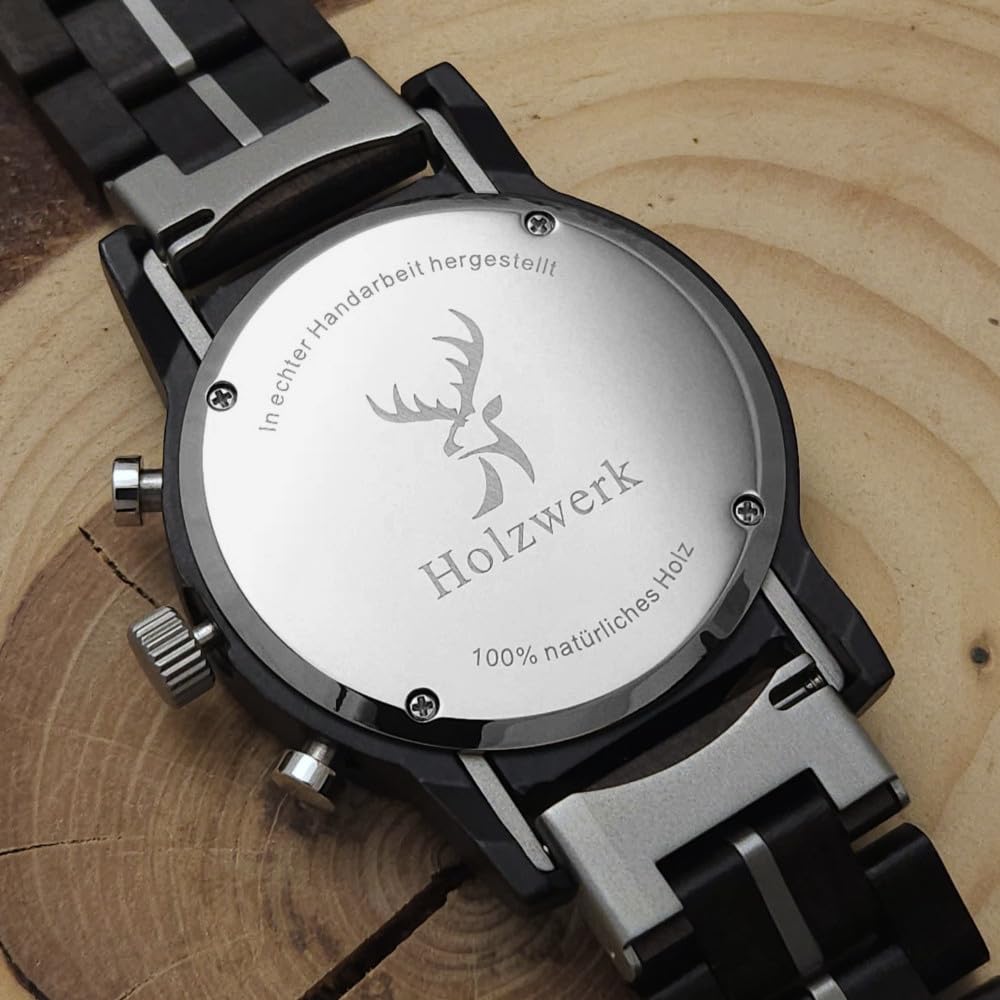 Holzwerk Germany Handgefertigte Designer Herren-Uhr Öko Natur Holz-Uhr Chronograph Armband-Uhr Analog Quarz-Uhr Braun Blau Datum Holz