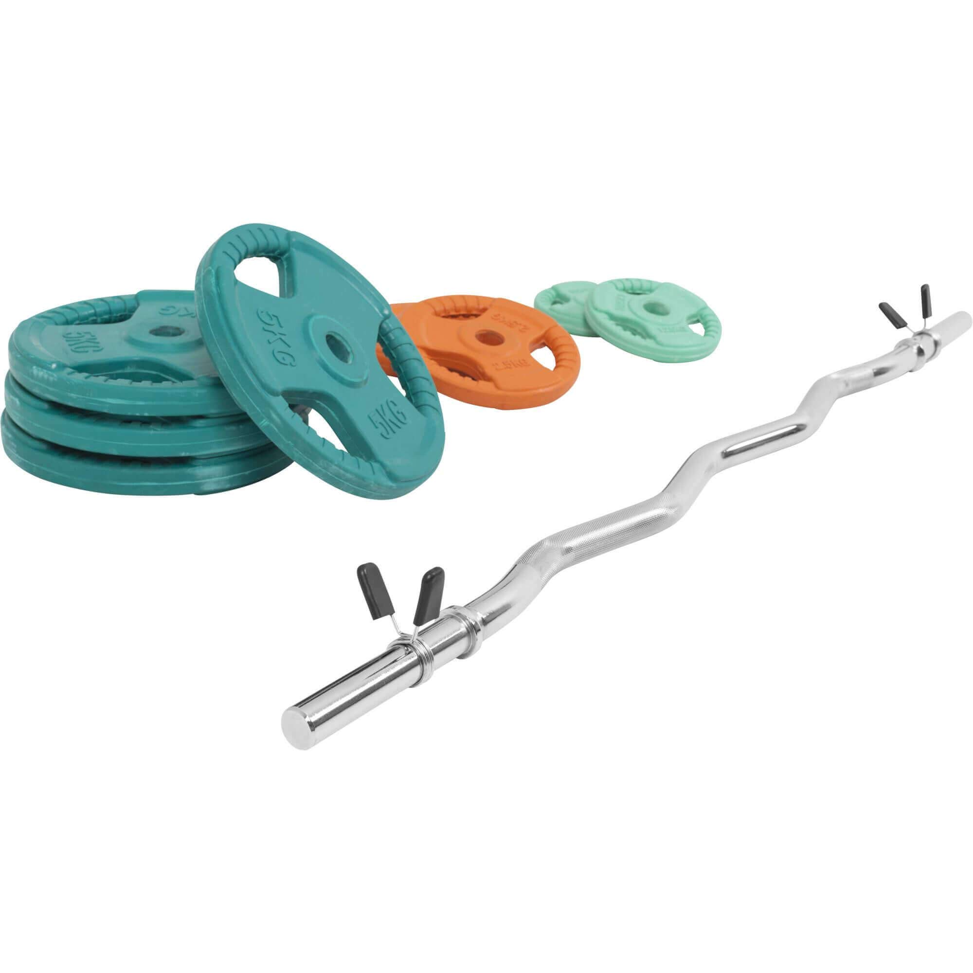 GORILLA SPORTS® Hantelset 35 kg mit SZ-Curlstange 120 cm, 30 mm, verchromt | 8 gummierte Gusseisen-Hantelscheiben, gerändelte Griffe und 2 Feder-/Sternverschlüsse, bodenschonend und rutschfest