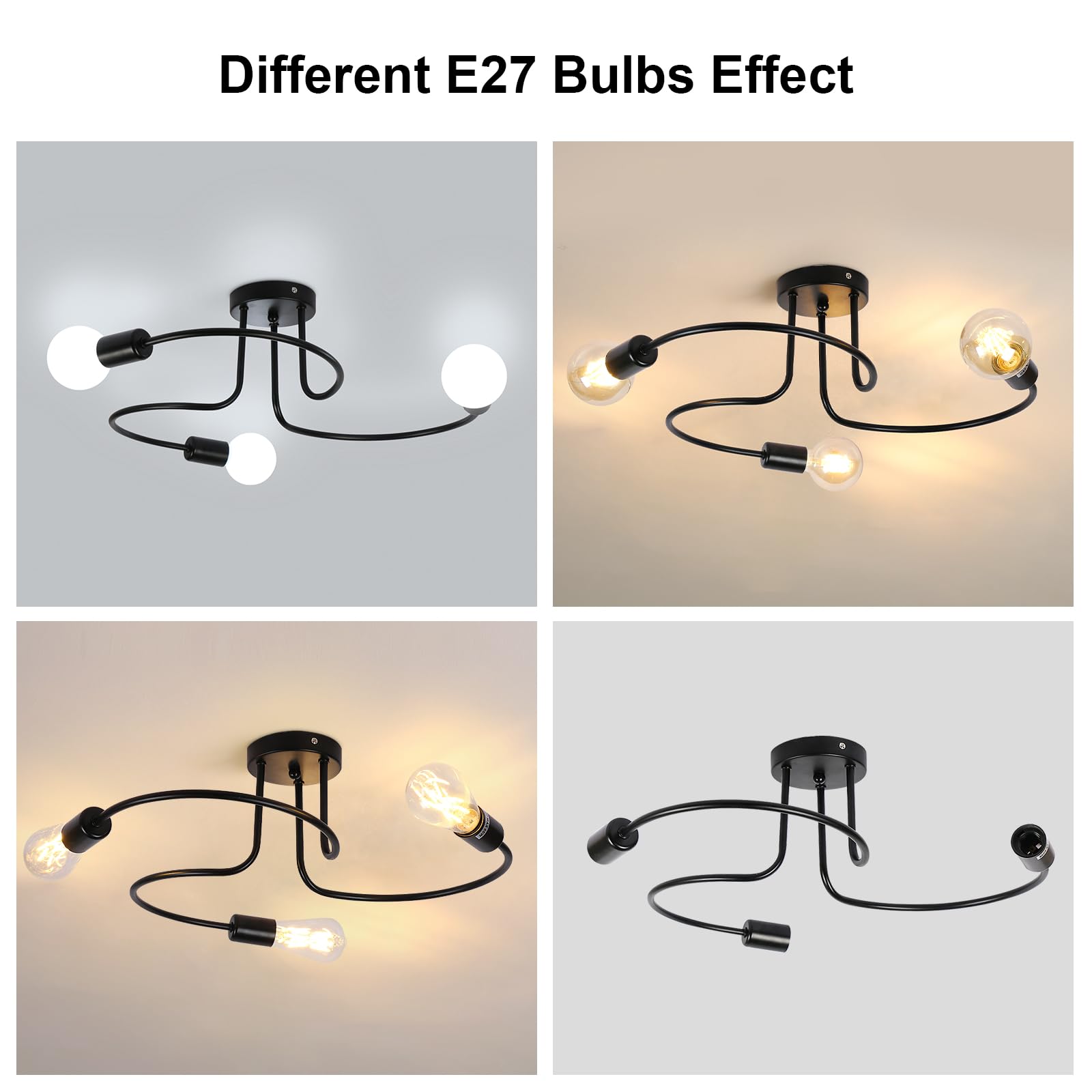 Vintage Lampada da Soffitto, Industriale Plafoniera E27 in Metallo Nera, 3 Luci Lampadario da Soffitto Moderno per Soggiorno Camera da Letto, Cucina (senza lampadine)