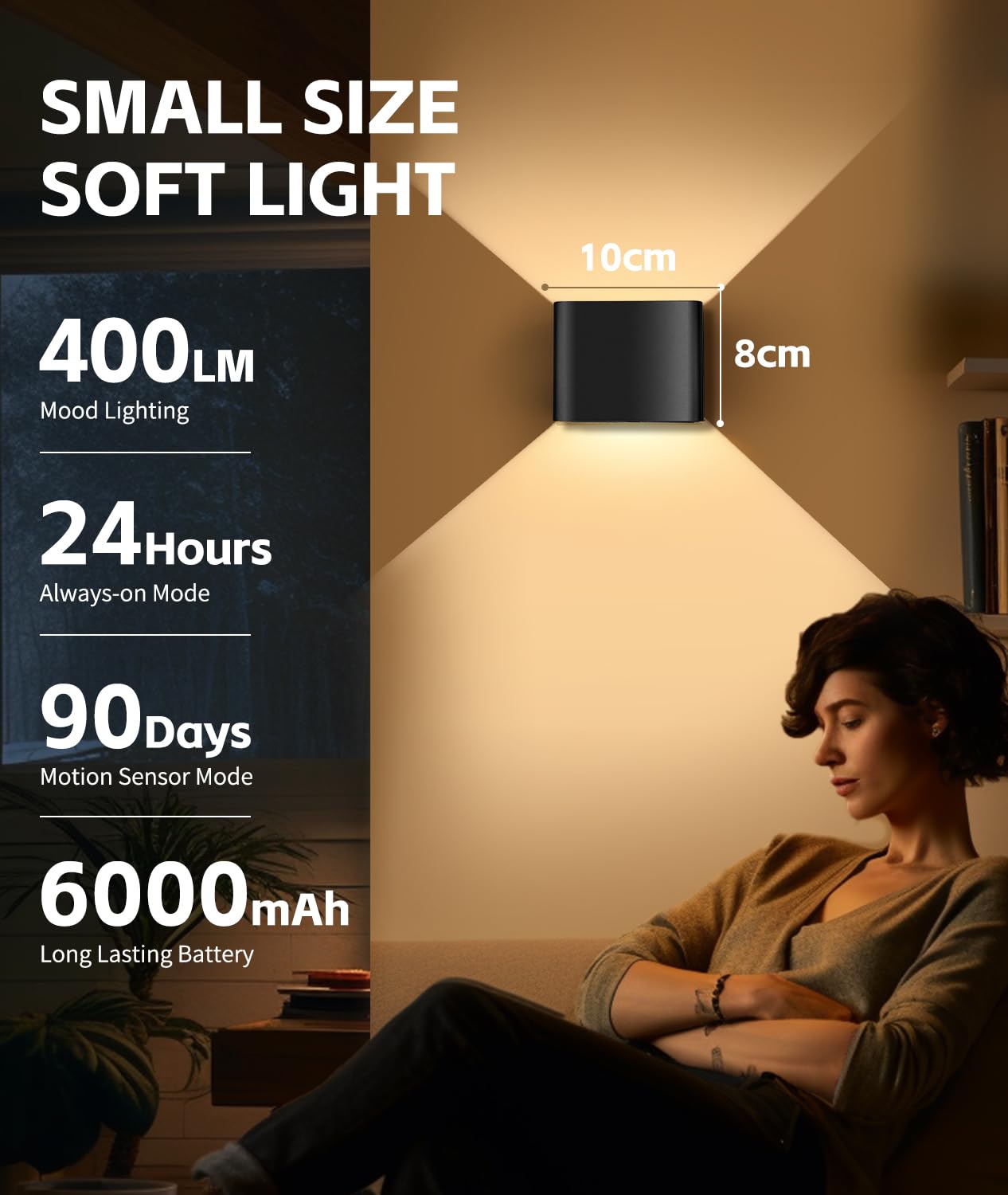 GeyouLux 2 lampade da parete a batteria da 6000 mAh, con sensore di movimento, interno da 5 W, ricaricabili, per interni, senza collegamento di alimentazione, con 3 modalità, 3000 K, batteria interna