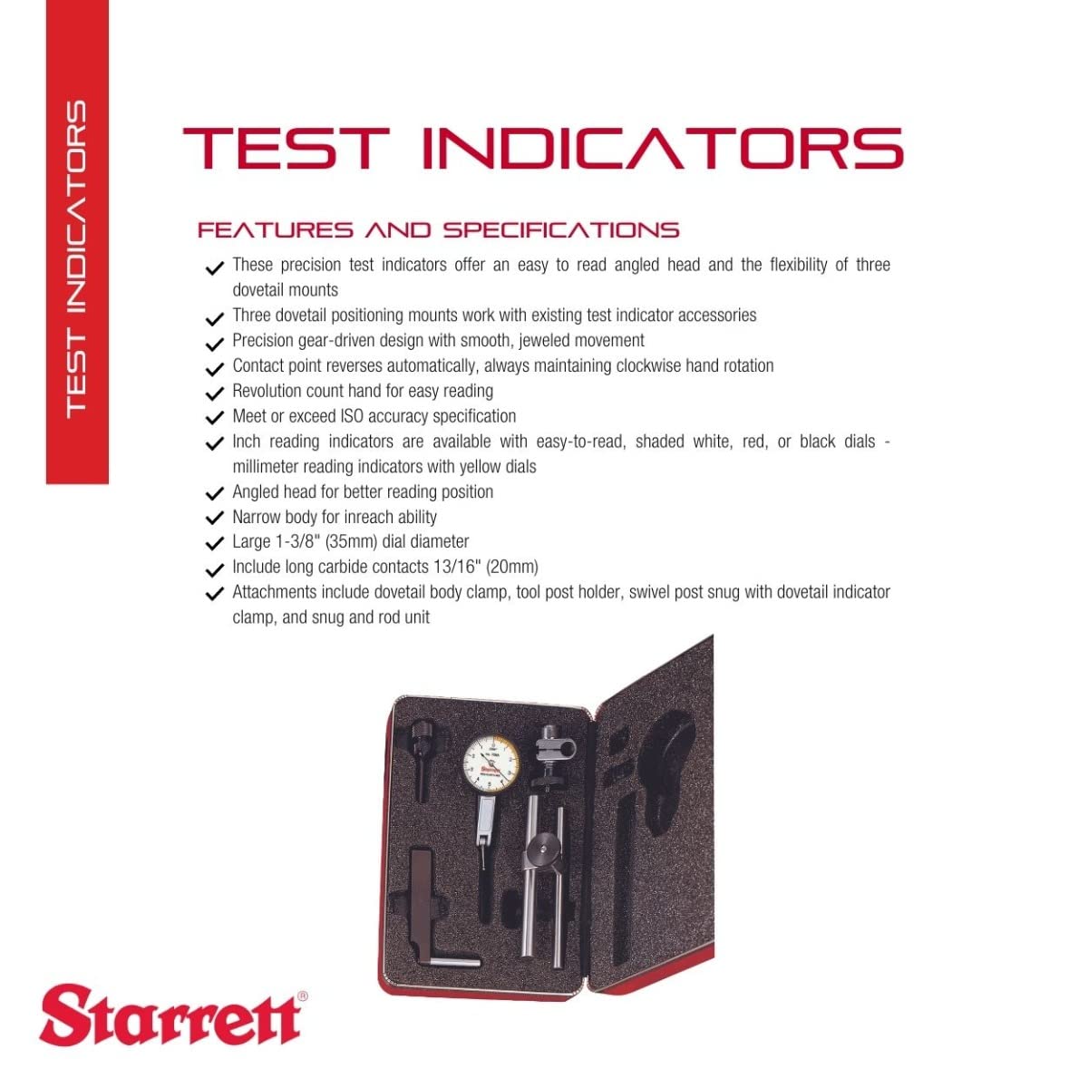 Starrett 708ACZ Dial Test Indicator with Attachments, Dovetail Mount, White Dial, 0-5-0 Reading, 1.375" Dial Dia., 0-0.01" Range, 0.0001" Graduation, +/-0.0001" Accuracy