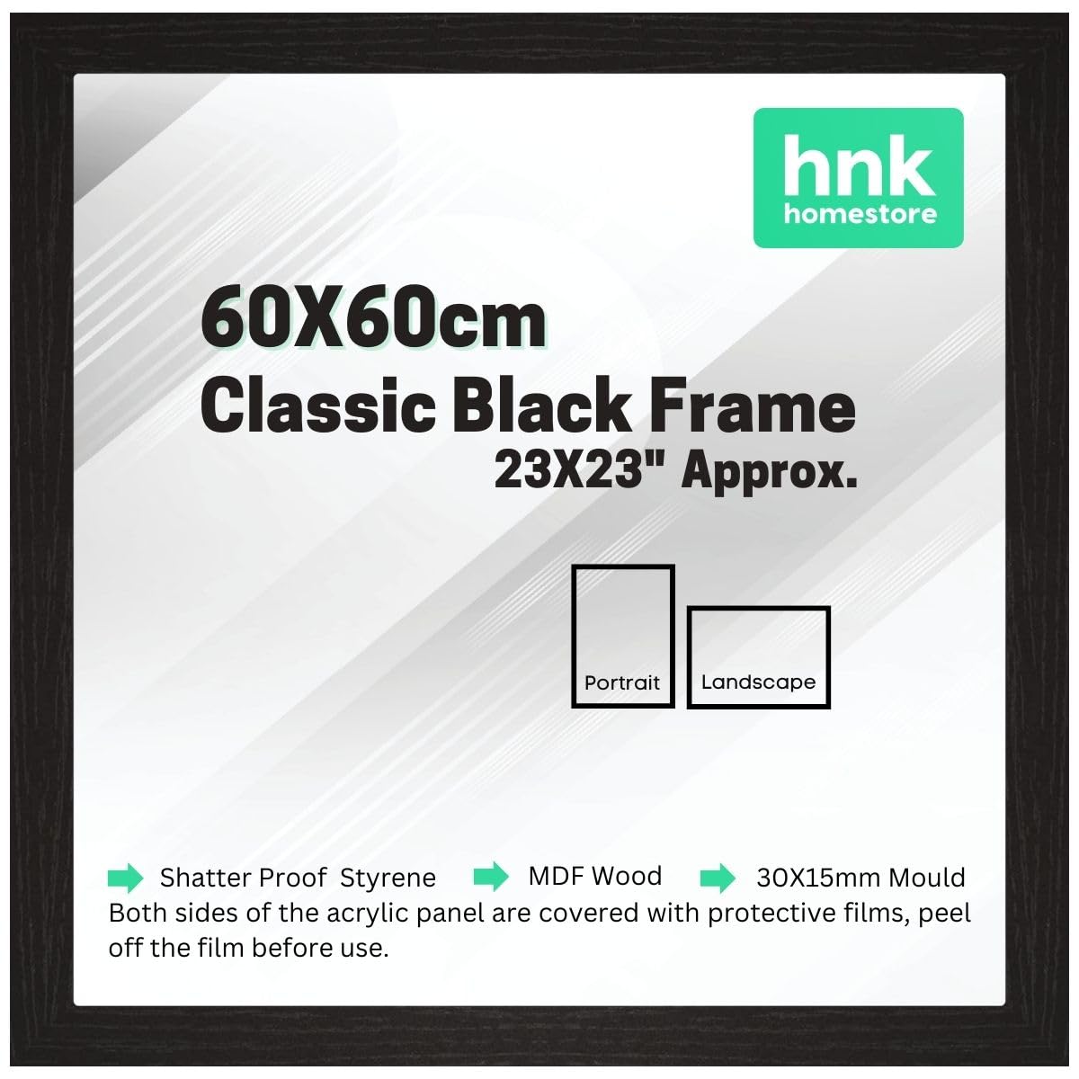HNK Homestore Classic Picture Poster Frame, 60x60 cm Black Wood Finish Square Frame