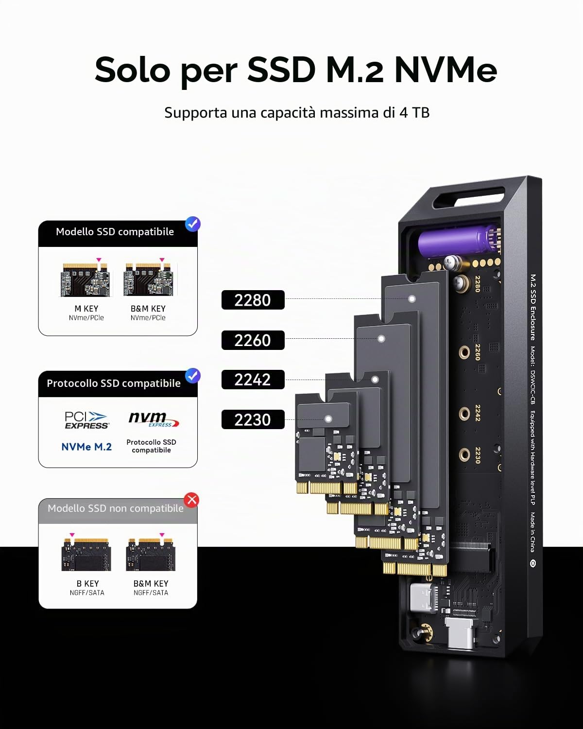 Chizha Smart Case SSD M2 Xenomorfo, Protezione di Alimentazione di 10s, Rilevamento della salute dell'SSD, Doppie Porte USB-C 3.2 Gen 2 (10Gbps) NVMe Case Supporta NVMe SSD fino a 4TB - Nero