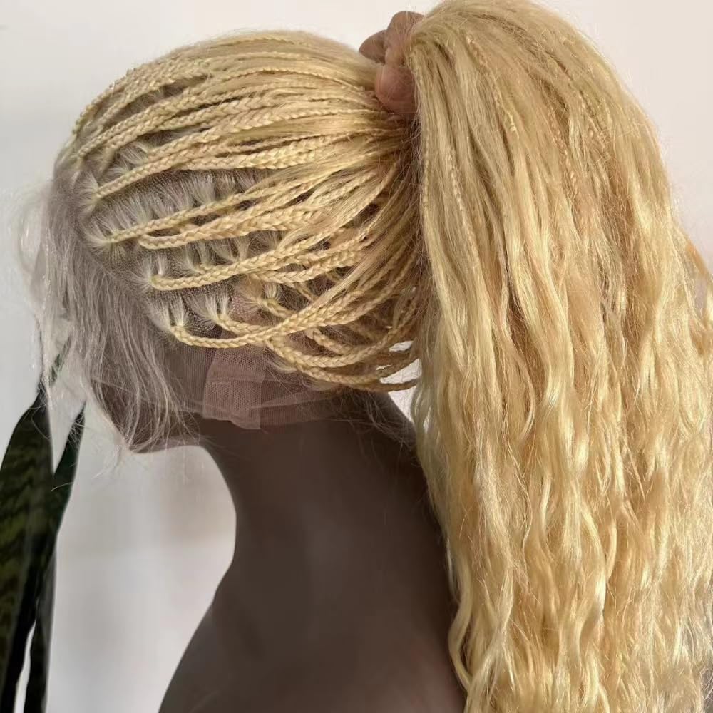 FlowerSeason Human hair #613 Color Boho Box Braids Wig 100% Human Hair BLonde Braided Wig Full Lace Long Square Parted Knotless Pre Pluched With Baby Hair Braided Wigs 26 Inch