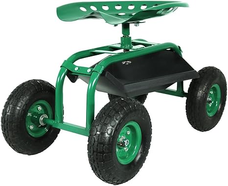 Amazon Com Sunnydaze Rolling Garden Cart With 360 Degree Swivel Seat Tray Green Garden Outdoor