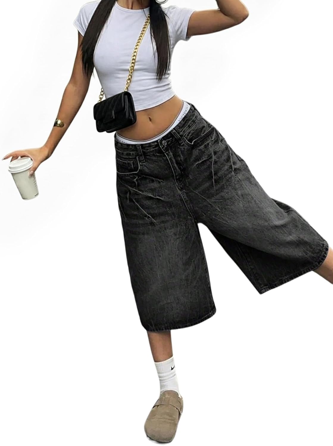 SOFIA'S CHOICE Women Jean Bermuda Shorts Jorts Low Rise Wide Leg Baggy Knee Length Denim Shorts with Pockets - Image 2