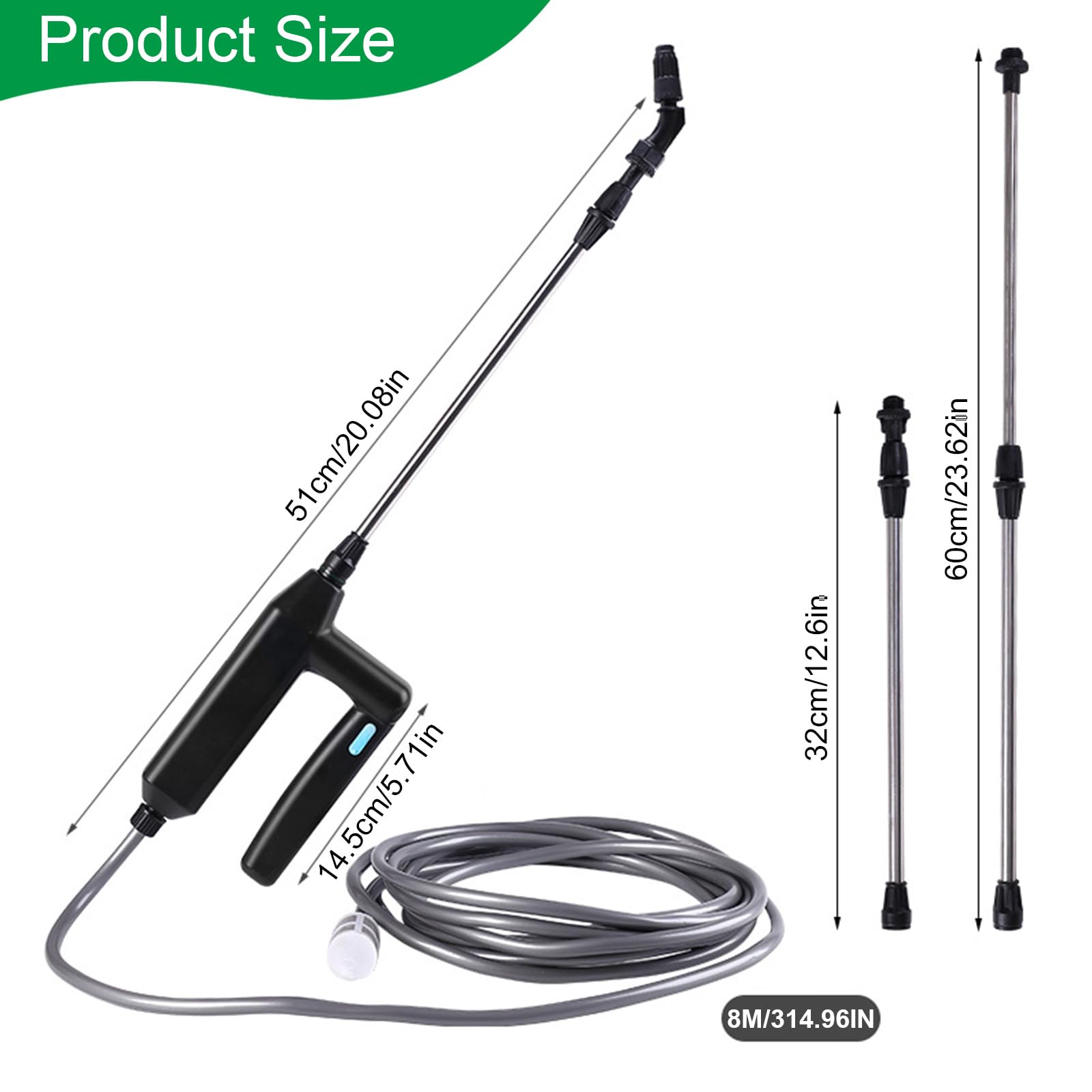 Spruzzatore elettrico per piante con ugelli regolabili e tubo da 8 m, spruzzatore a pressione a batteria da 7,4 V, USB ricaricabile, barra spray portatile per giardino, cortile, prato (pressurizzatore