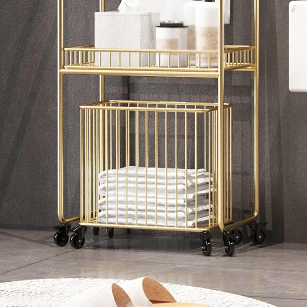 Towel Rail Freestanding Bathroom Storage Rack Towel Rack Integrated Bathtub Wash Basin Bathroom Floor Movable Storage Rack Laundry Basket with Wheels Towel Stand,Black