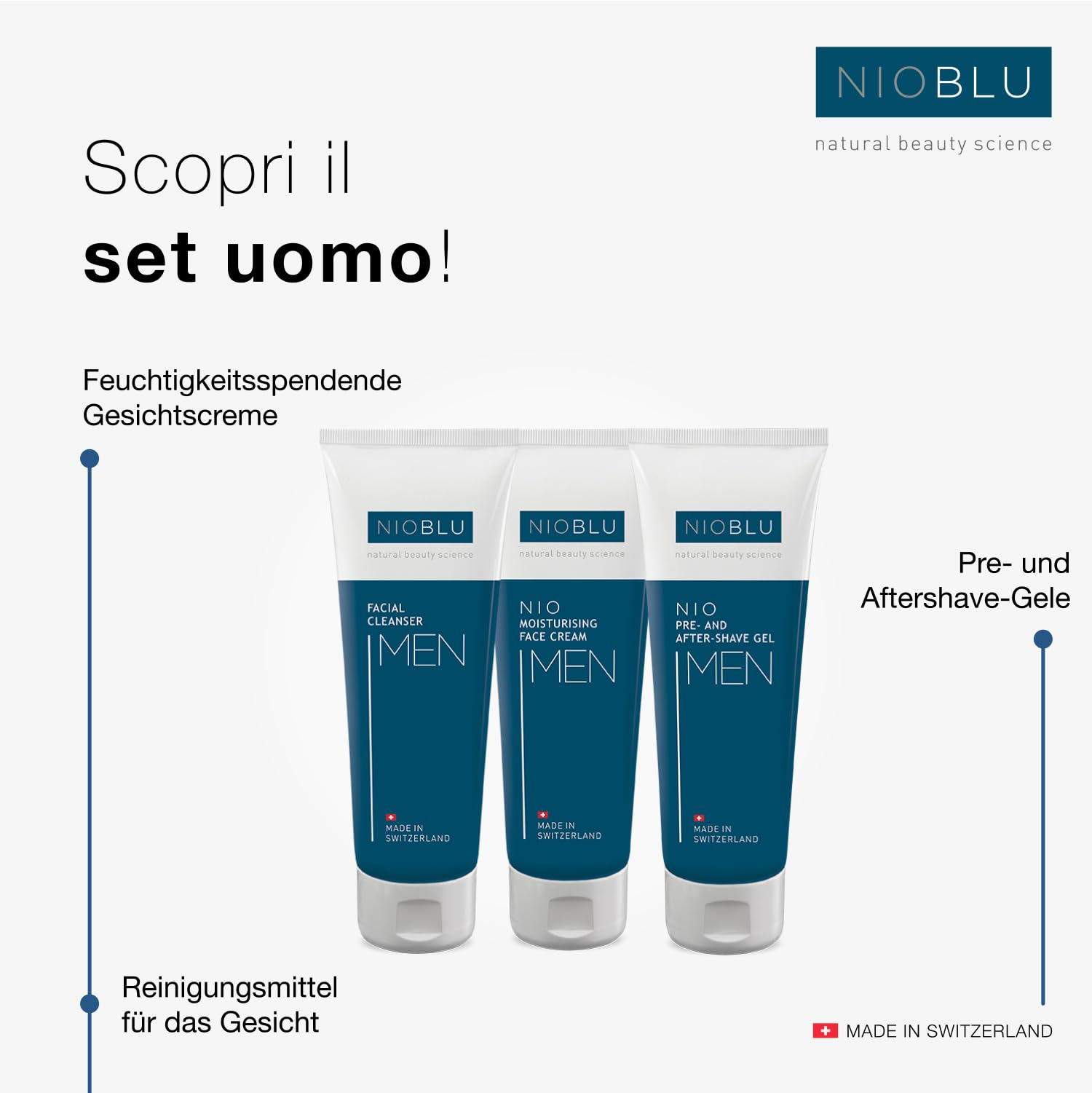 Herren-Set – Gesichtsreiniger + Pre- & Aftershave-Gel + Feuchtigkeitscreme – Komplette Routine für die Hautpflege von Männern – 3 x 100 ml