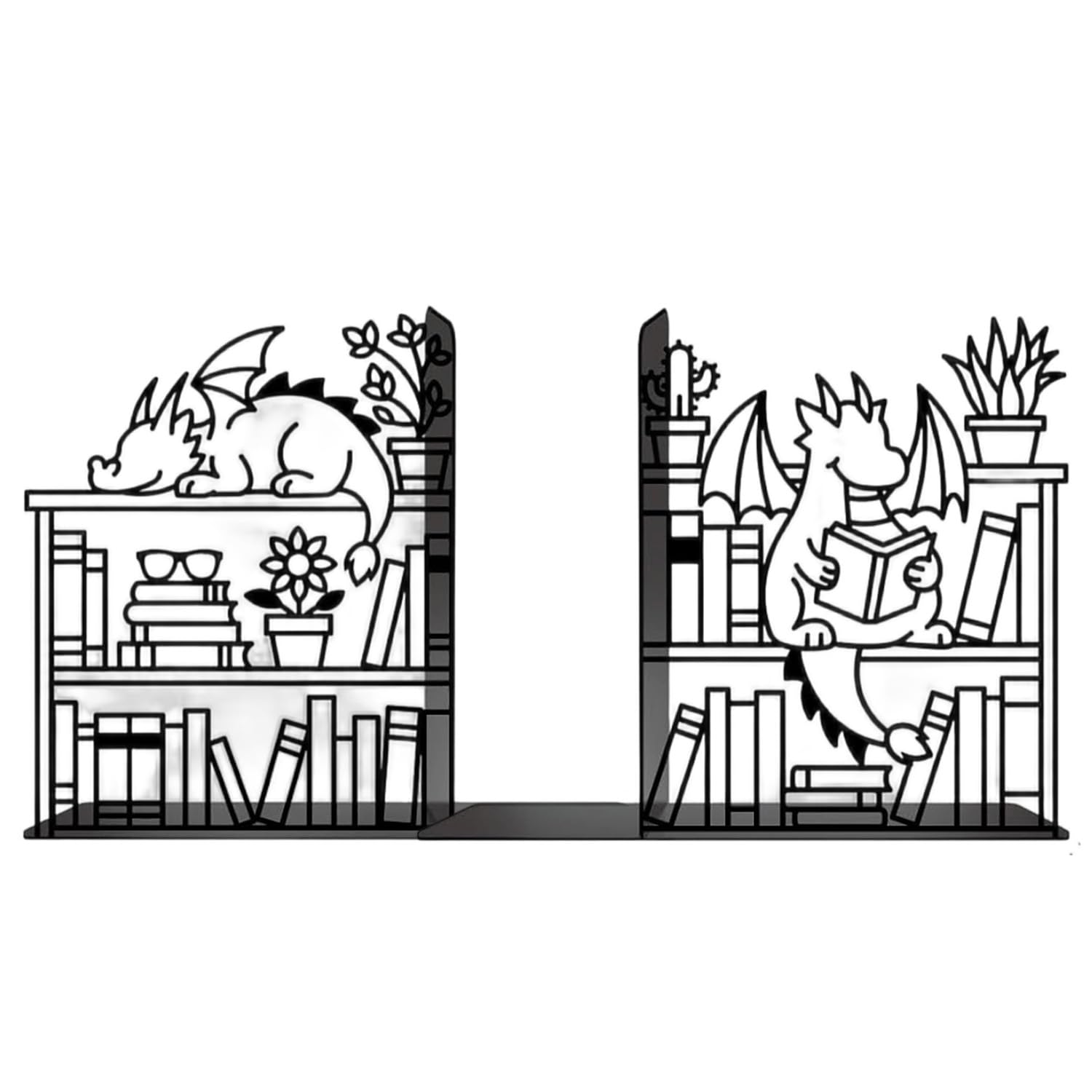 2Pcs Black Iron Book Ends for Shelves, Sturdy Metal Bookends, Stylish Decorative Bookend, Unique Dragon Bookends for Bookworms Home Office & Bookshelf Storage