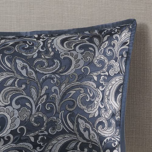 Image of Madison Park Essentials Brystol 24 Piece Room in a Bag Faux Silk Comforter Jacquard Paisley Design Matching Curtains Down Alternative All Season Bedding-Set, King(104 in x 92 in), Navy 24 Piece