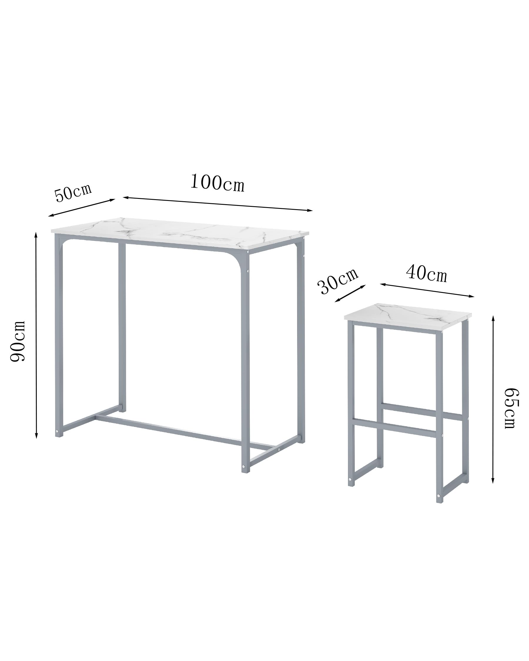 Tavolo Cucina Salvaspazio con Sedie, Tavolo Bar Alto con Sgabelli, Elegante semplicità in marmo bianco e cornice in argento, Ideale per ristoranti, bar, caffè, ecc.