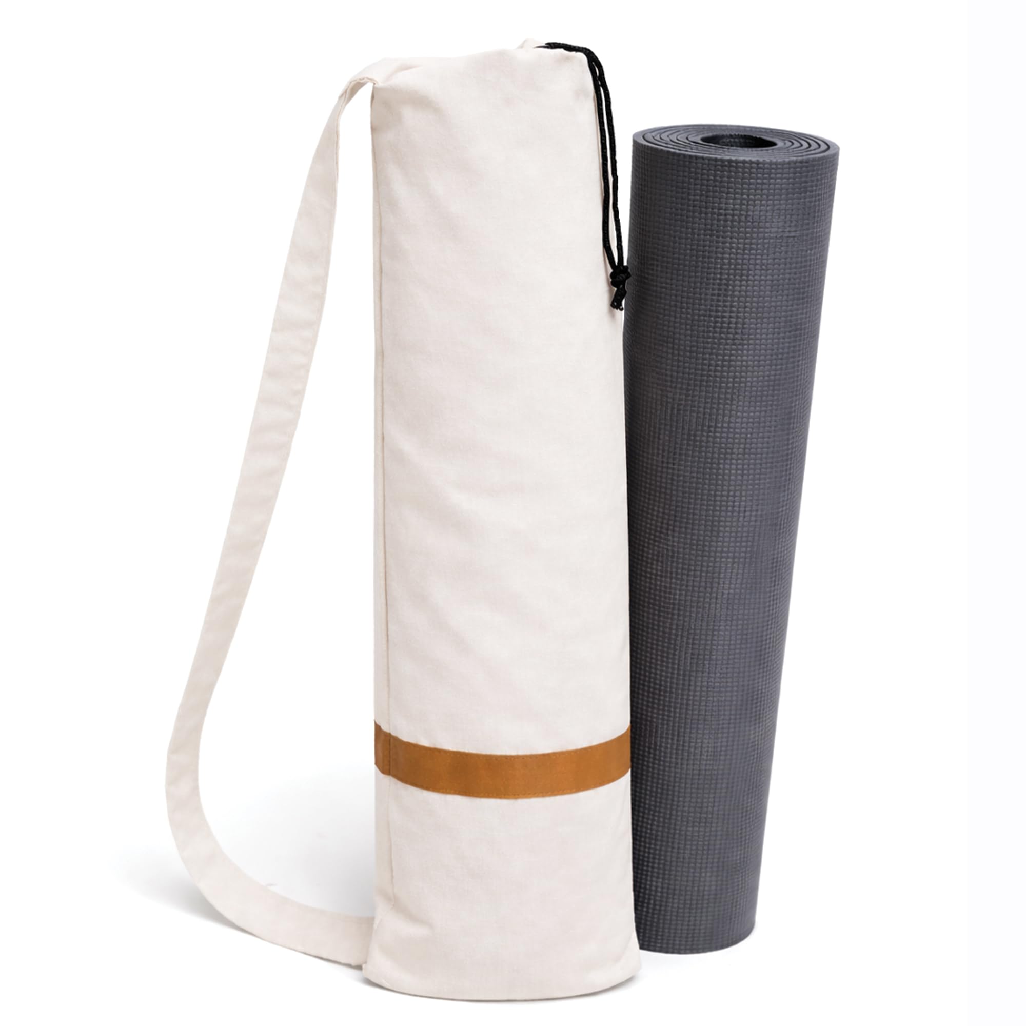 Yoga Mat Bag with Drawstring, Canvas Carrier, Cream with Navy Stripe, Shoulder Strap (Cream with Navy Blue.)