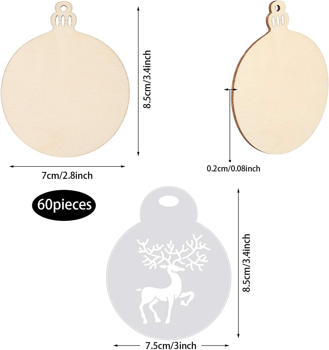 60 Pieces Christmas Unfinished Wood Ornaments DIY Wooden Christmas Ornaments with 12 Pieces Christmas Pattern Stencils for DIY Christmas Decor - Image 3