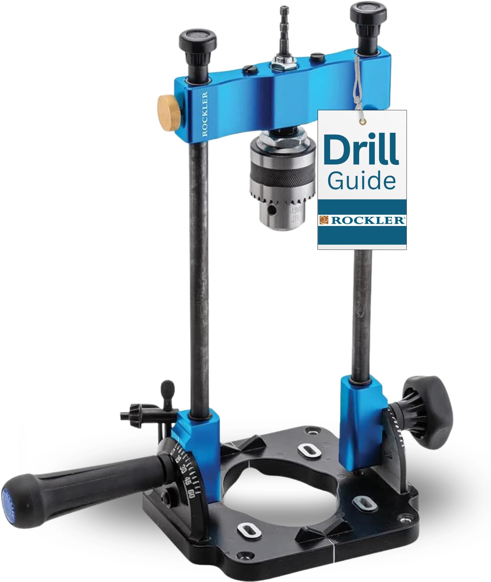 Rockler Drill Guide | Portable Drill Press Adapter for Hand Drill - 0 to 60 Angle w/Protractor & Chuck Key for straight holes - Rockler Woodworking