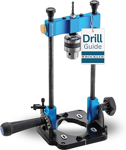 Rockler Guía de taladro | Adaptador de prensa de taladro portátil para taladro manual - Ángulo de 0 a 60 con transportador y llave de portabrocas