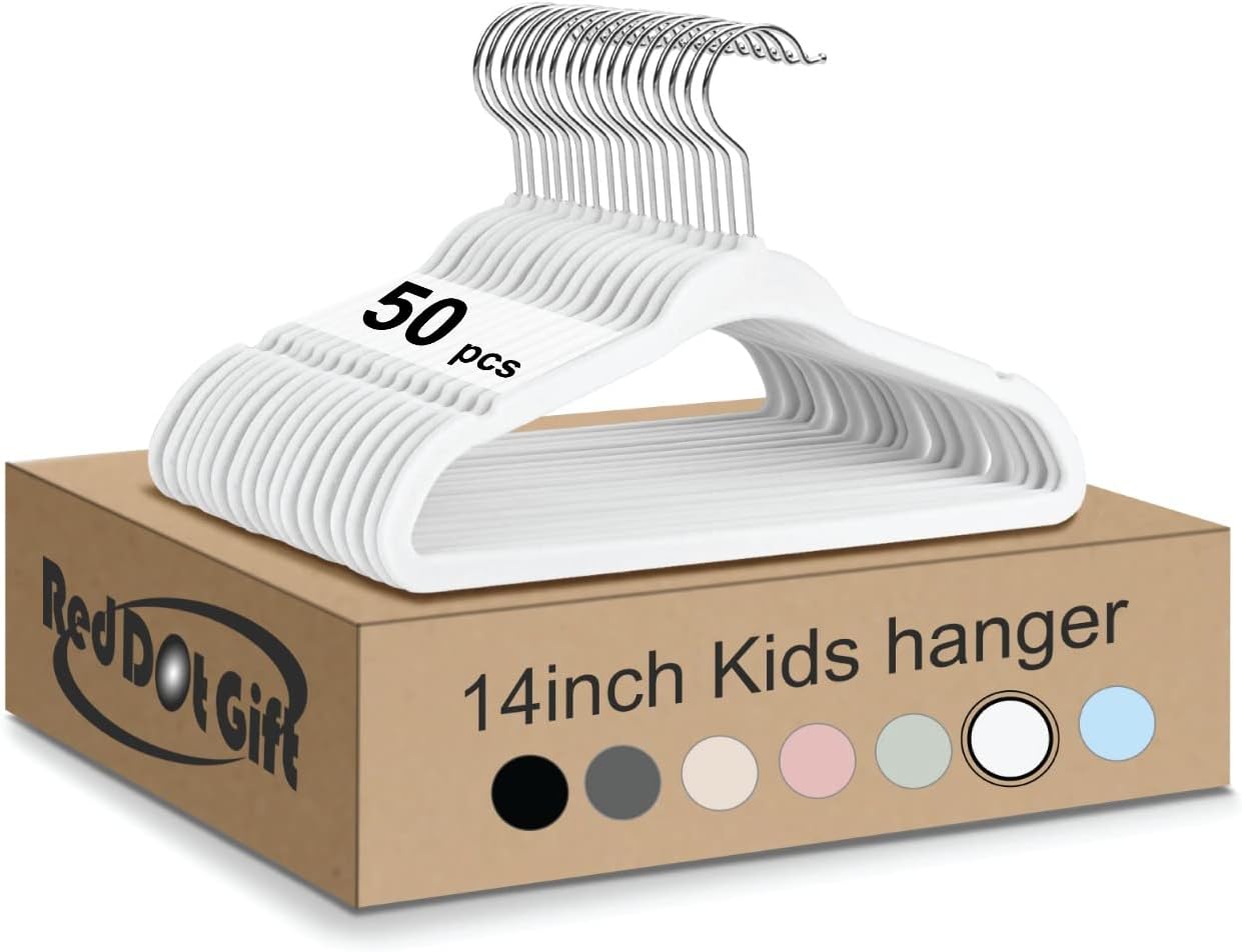 Red Dot Gift® Pack of 50 Velvet Kids Hangers - Premium Childrens Hangers 14 Inch for Closet, Ultra Thin Cute Hangers Kids Clothes Hanger, Non Slip Kids Felt Hangers for Kids Clothes (White, 50)