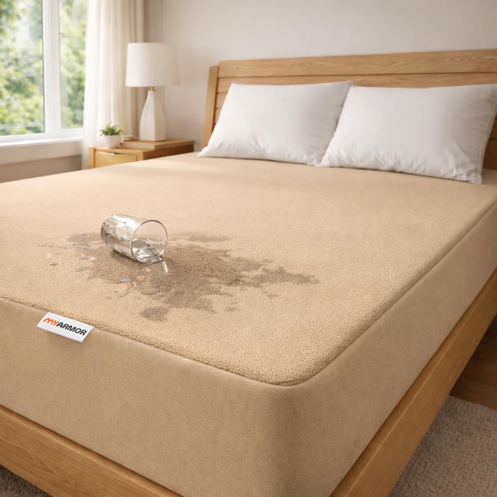 MY ARMOR Premium Ultra Soft Cotton Feel Mattress Protector/Bed Protector | 100% Waterproof, Breathable, 2 Layer Protection | Washable, Hypoallergenic | Elastic Skirting | Beige, Twin [72" x 72"]