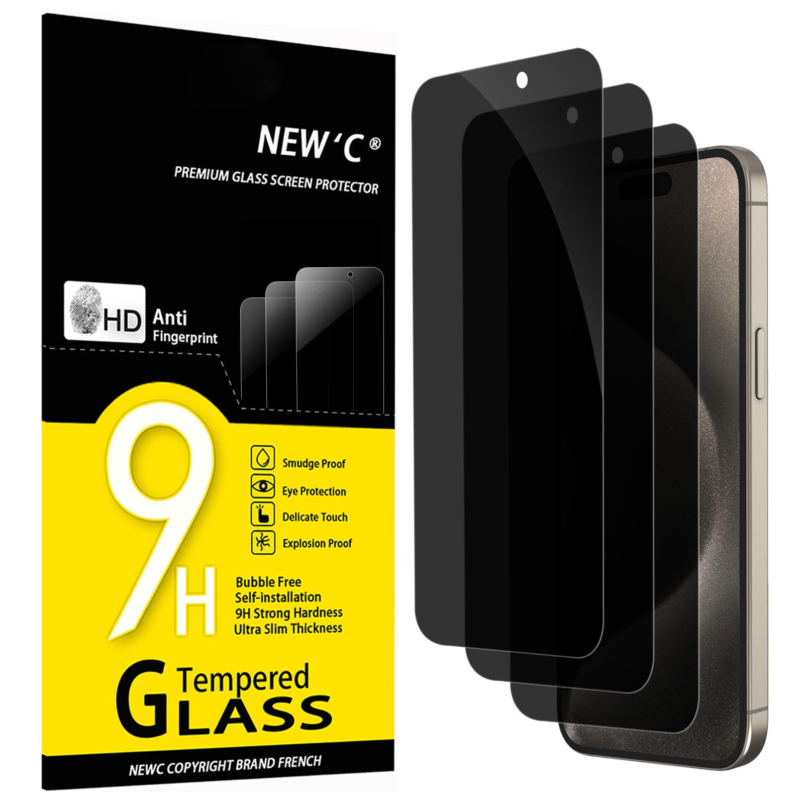 NEW'C Pack of 3 Privacy Screen for iPhone 15 Pro Max, iPhone 15 Plus for Tempered Glass (6.7 Inches) for Tempered Glass, Balanced 35 Degree Protection Angle with Eye Protection, Ultra Durable 9H