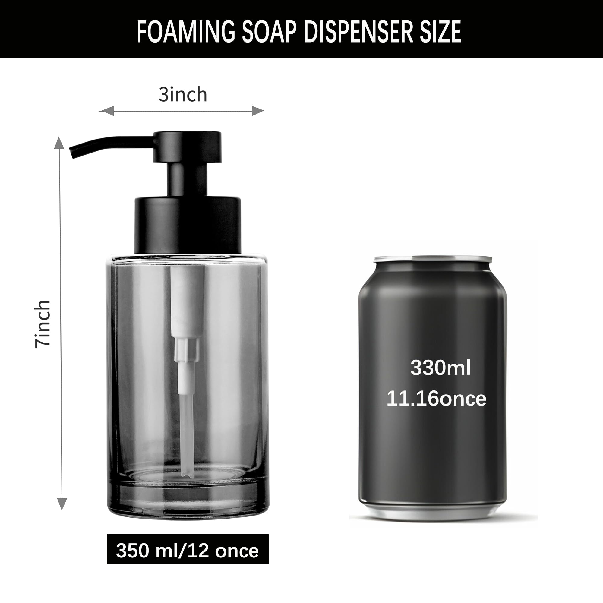 Enra Dispenser di sapone nero, dispenser per sapone da bagno, 12 ozs, moderna bottiglia ricaricabile in vetro spesso per bagno e cucina (dispenser di schiuma nera)